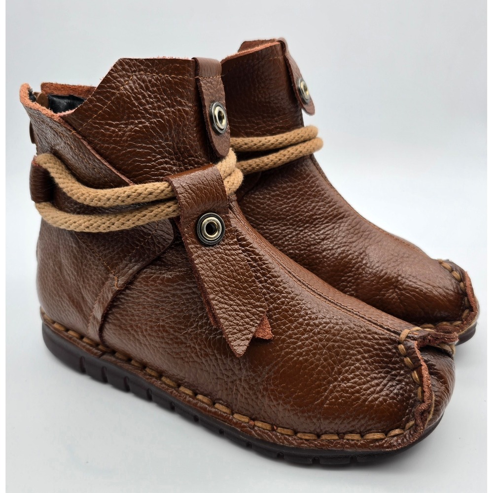Brown Pebbled Leather Ankle Boots Womens Size 8.5/9 Moc Boho Renaissance Faire